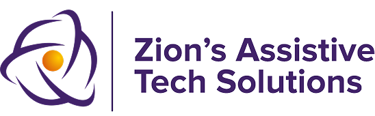 Zion’s Assistive Tech Solutions logo: a stylized purple and gold abstract icon representing accessibility, with a central dot and circular swooshes.