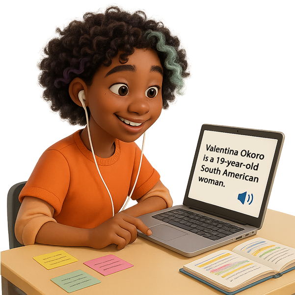 A young woman with curly hair holding a tablet with accessibility icons, representing a cognitive disability persona.