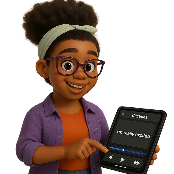 A woman with hearing aids using a tablet with captions enabled, representing an auditory disability persona.