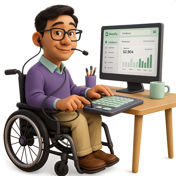A boy in a wheelchair using a computer with adaptive devices, representing a motor disability persona.