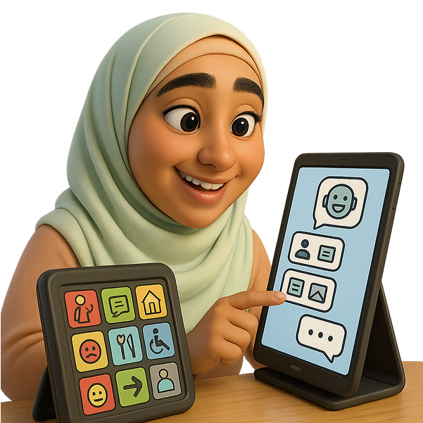 A woman wearing a hijab using a smartphone with a text-to-speech app, representing a speech disability persona.